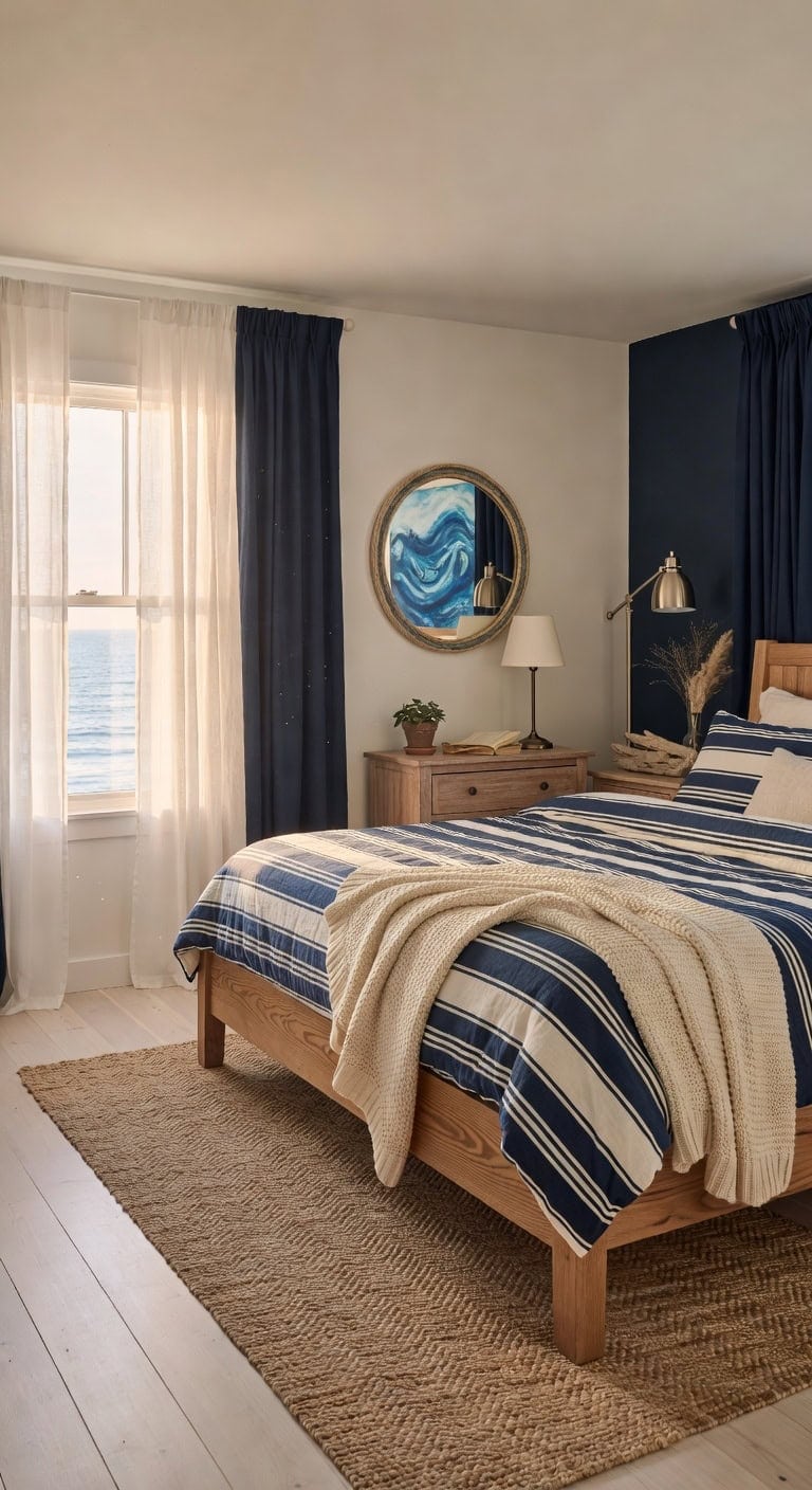 Timeless Seaside Blue and Timber Bedroom Featuring Nautical Stripe Linens and Rope-Edged Mirror