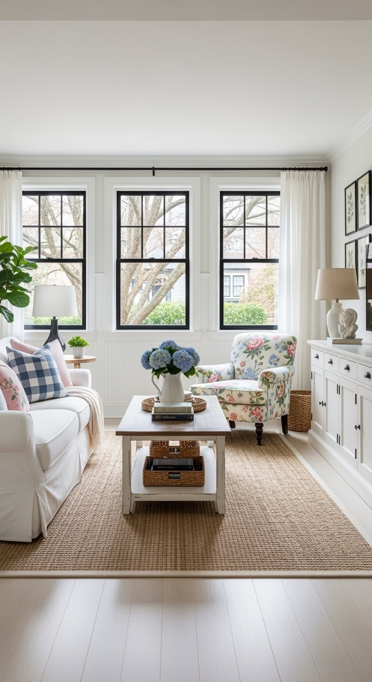 Cottage Charm Reimagined: Black Window Trim Meets White Beadboard & Floral Accents