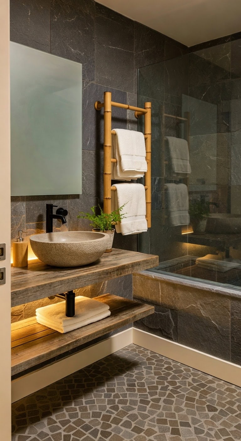 Earthy Serenity Featuring Stone Basin, Bamboo Towel Holder, and Eco-Friendly Cotton Linens
