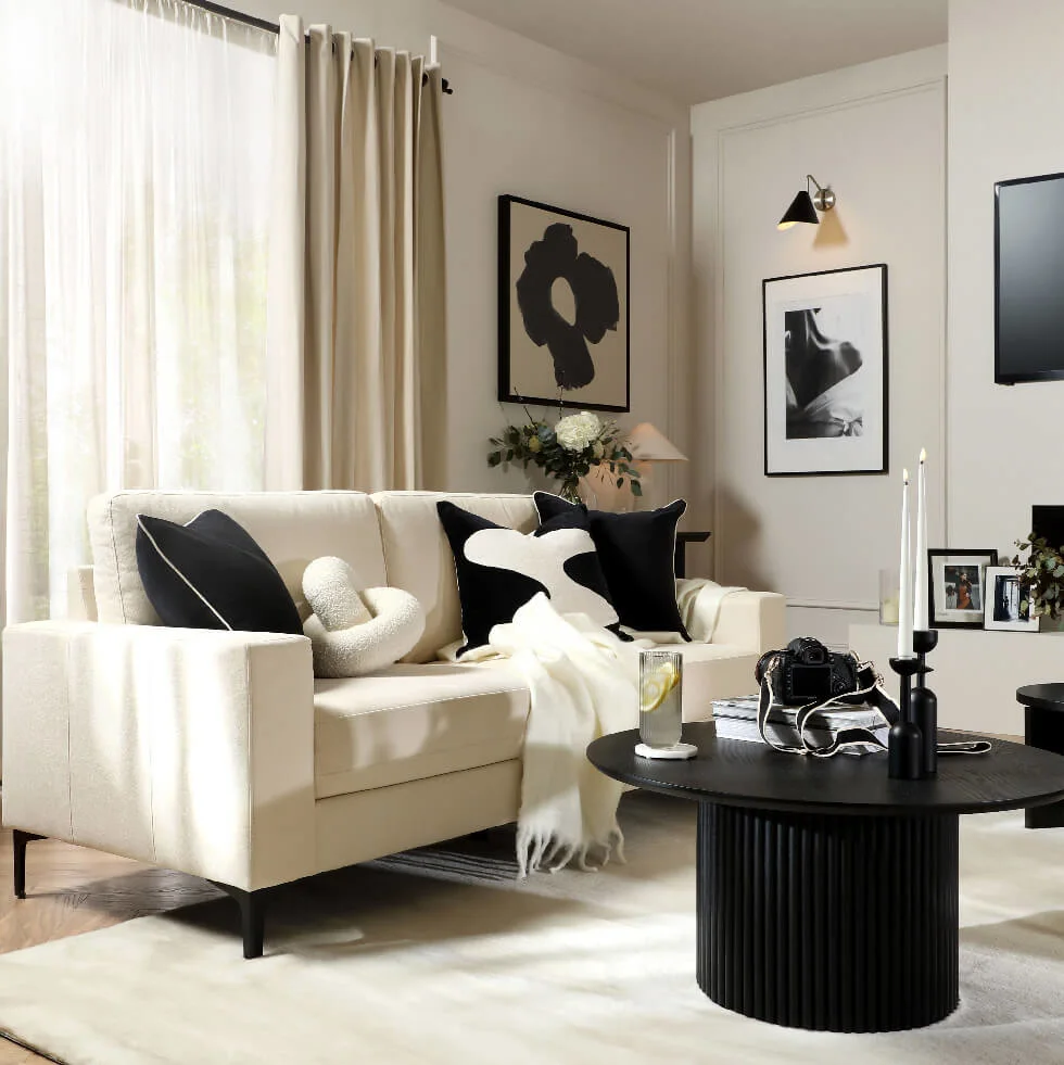 Striking Serenity: A Modern Neutral Living Room with Bold Monochrome Details