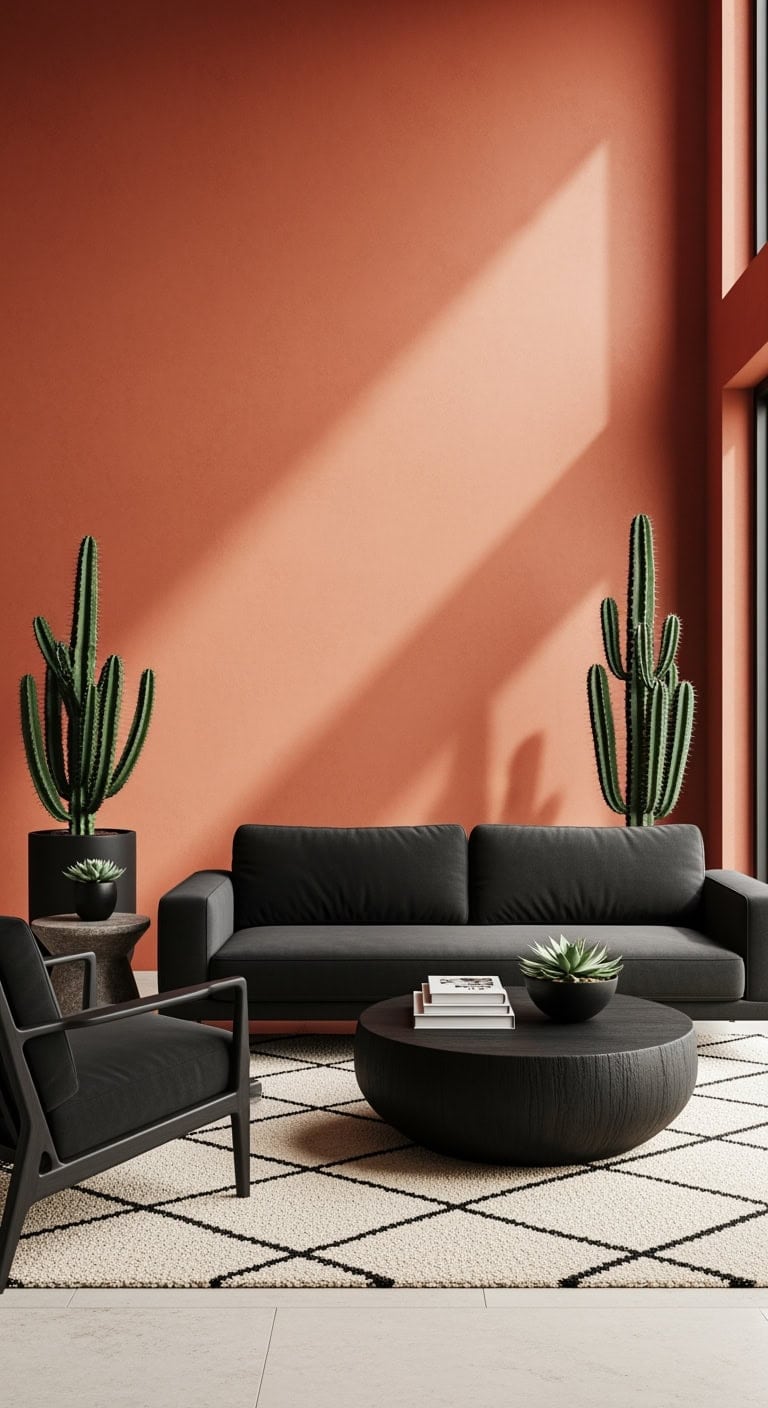 Southwestern Chic: Matte Black Furnishings Meet Warm Terracotta and Succulent Accents