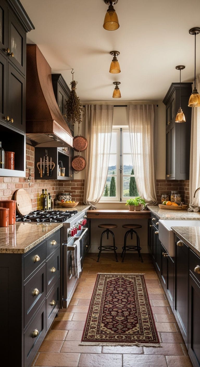 Mediterranean Charm: Elevating Compact Kitchens with Rich Espresso Tones and Timeless Old-World Details