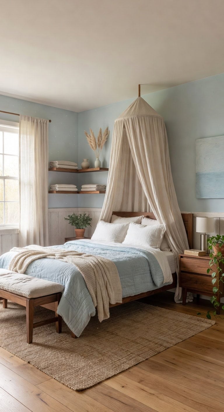 Rustic Chic Navy and Timber Bedroom Featuring Exposed Shelves and Airy Linen Drapes