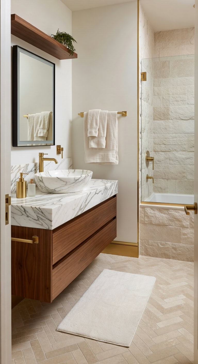 Natural Elegance Featuring Marble Basin, Luxe Gold Accents, and Silky Soft Bath Rug