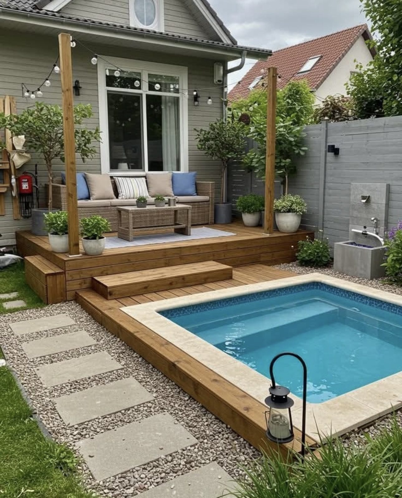 Elevated Lounge Over a Tiered Swimming Oasis