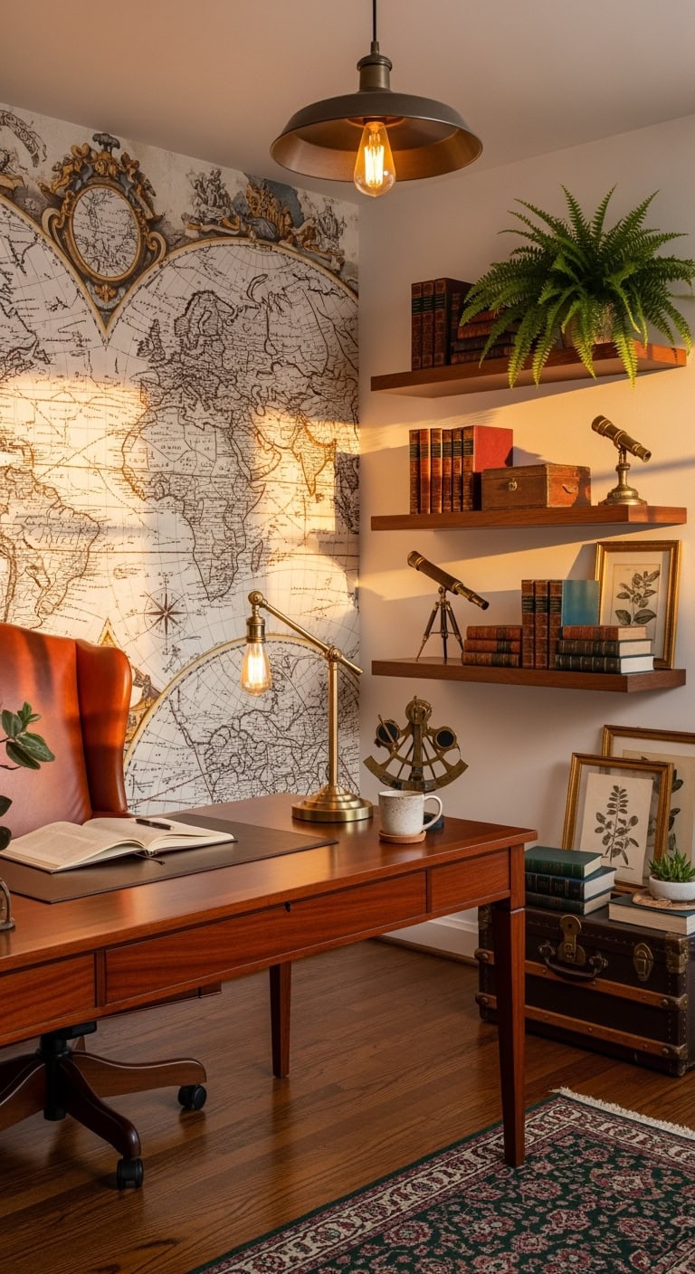 Elegant Adventurer’s Sanctuary Featuring Antique Map Wallcoverings
