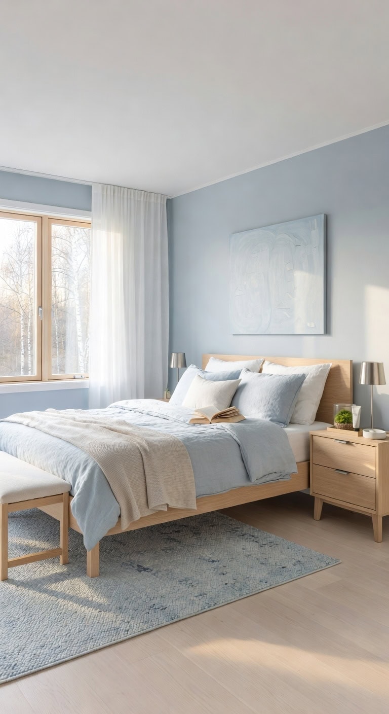 Nordic Pale Blue and Timber Bedroom Featuring Translucent White Drapes and Stone-Patterned Carpet