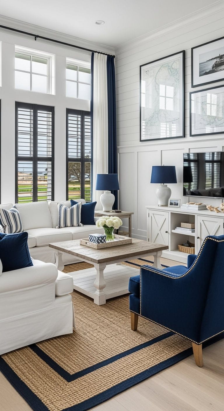 Hamptons Charm: Crisp White Paneling Meets Bold Navy Accents