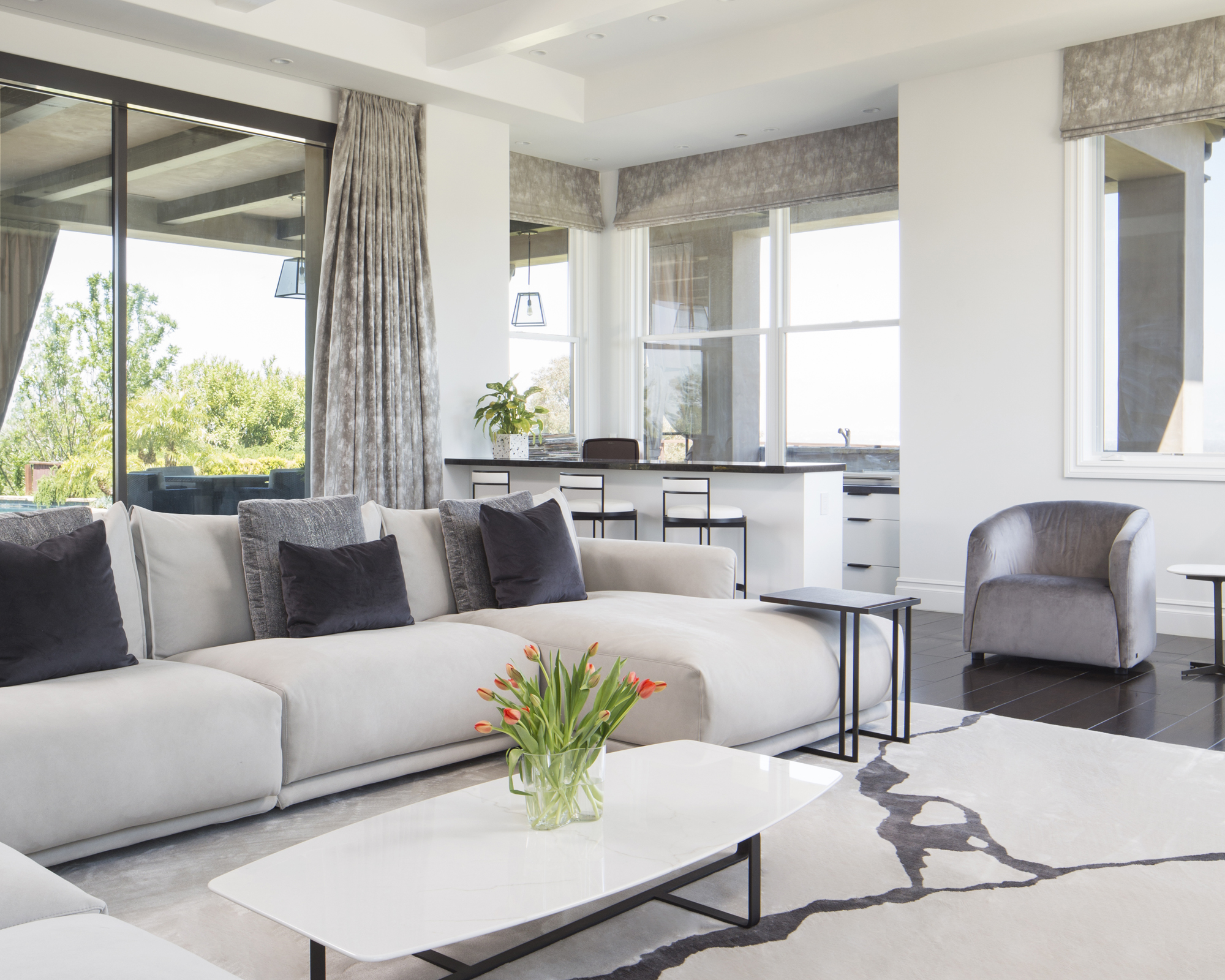 Airy Contemporary Neutral Living Room with Bold Dark Highlights