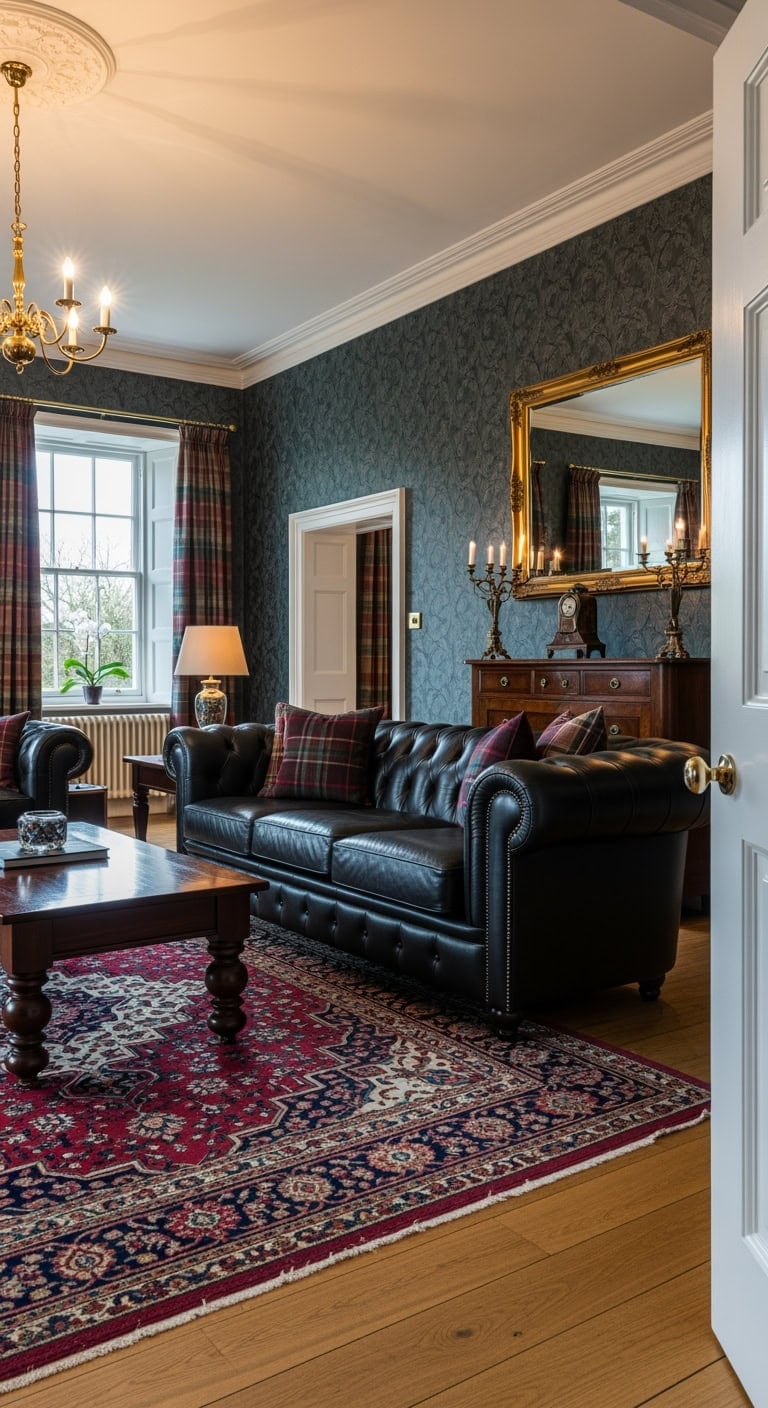 Classic British Charm: Black Chesterfield Sofa Paired with Tartan Accents and Rich Wood Tones