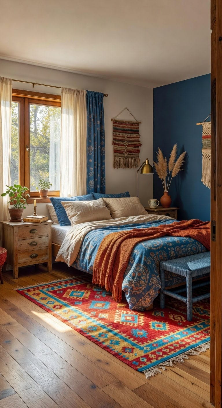 Eclectic Boho Bedroom Featuring Vibrant Kilim Rug and Artisan Woven Wall Art with Blue and Wood Accents
