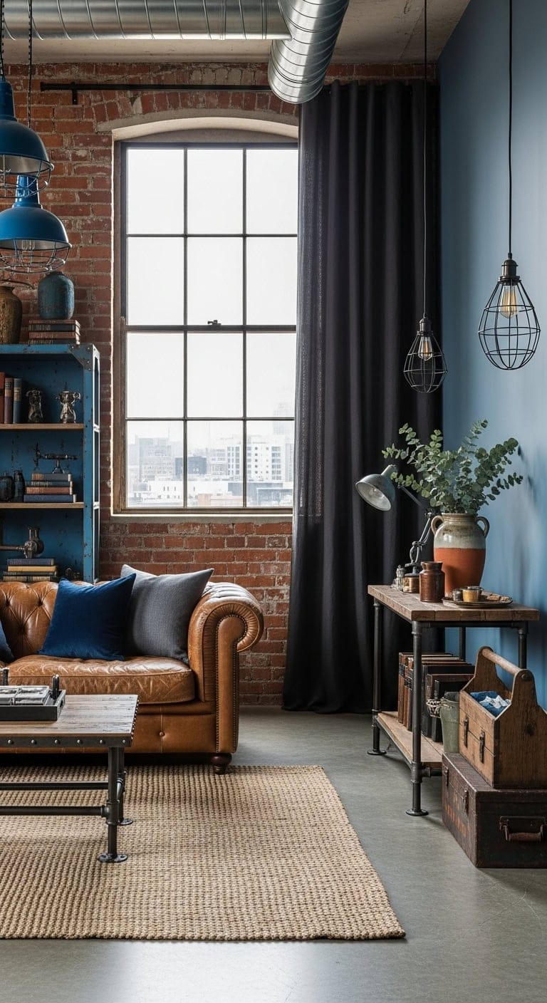 Bold Blue Elements Against Exposed Brick Walls