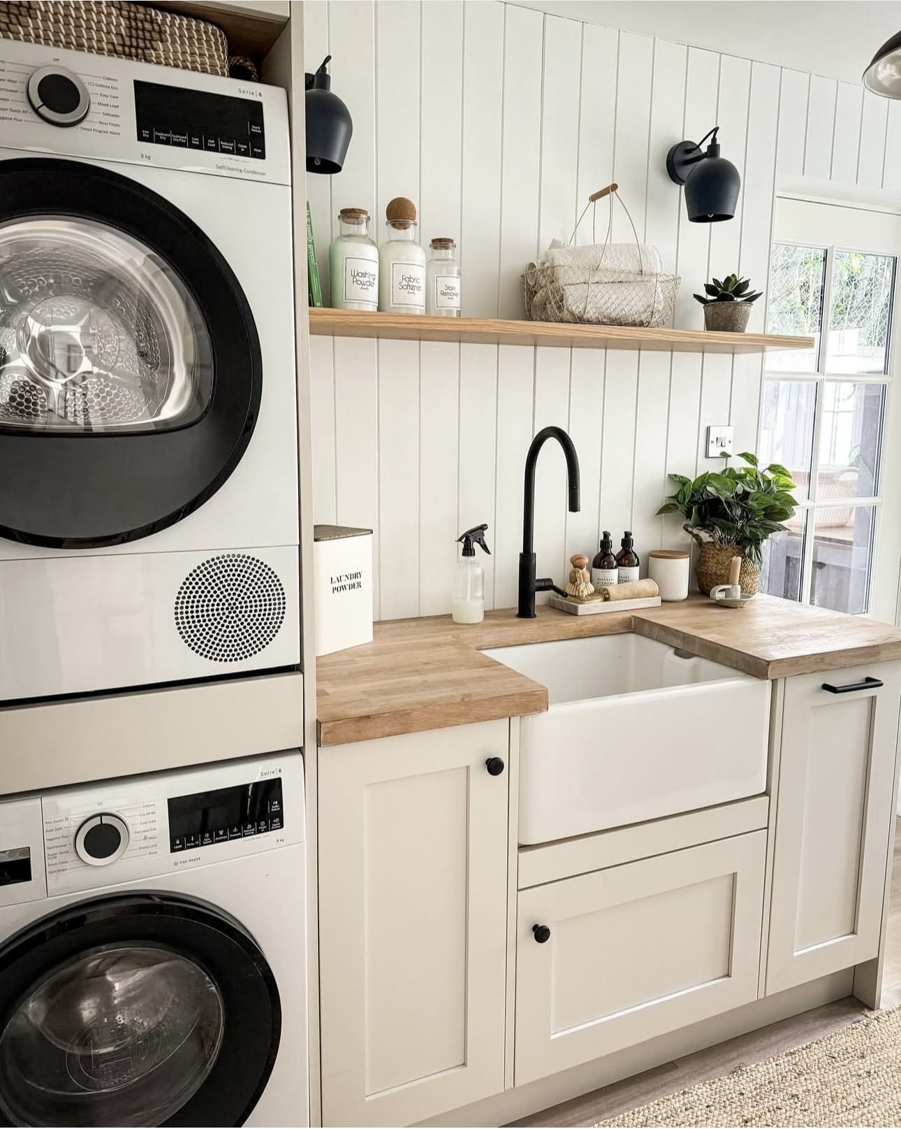 Stacked Laundry in a Bathroom