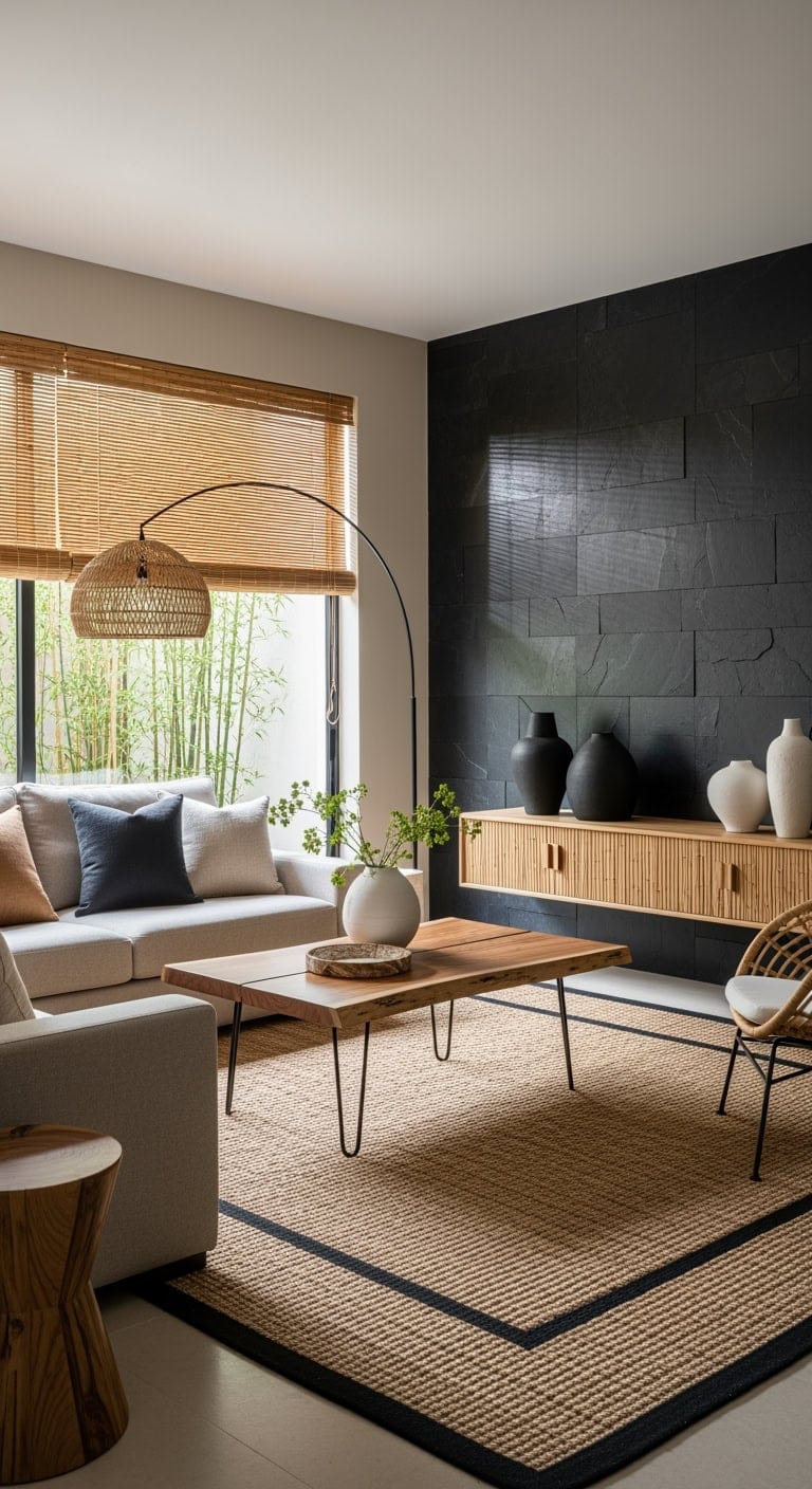Zen-Inspired Living: Embrace Black Stone Walls with Bamboo and Natural Textures