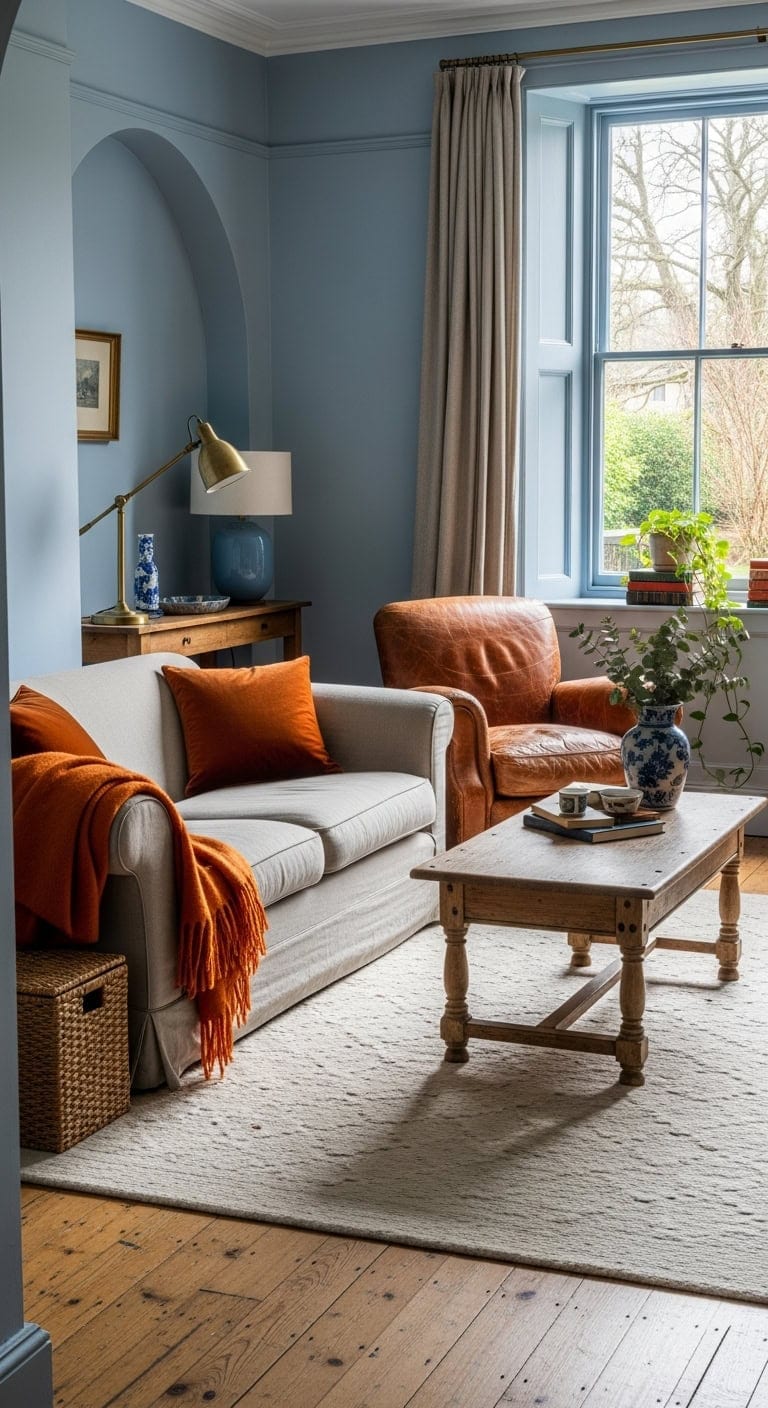 Serene Blue Walls Paired with Vibrant Tangerine Accents