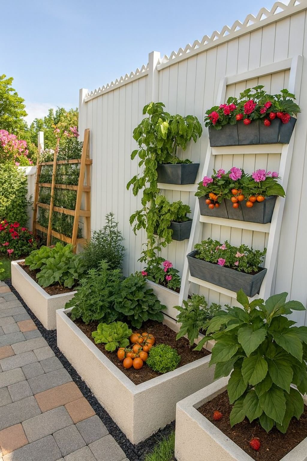 Vertical Raised Bed Garden Against a Fence