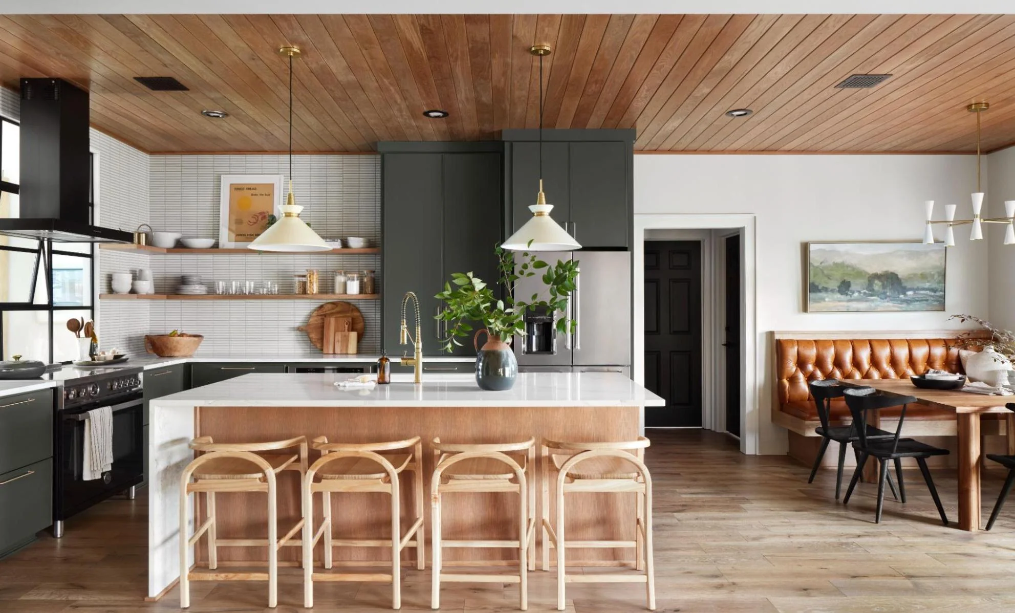 Contemporary Rustic Kitchen Featuring Natural Wood Ceilings