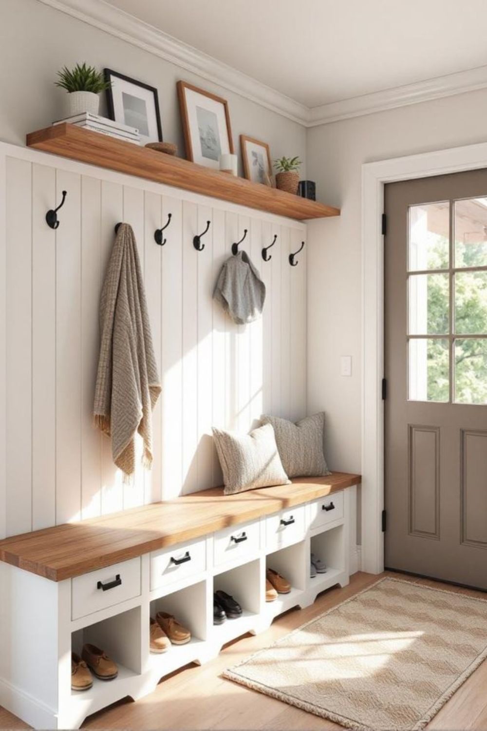 Serene White Paneled Mudroom