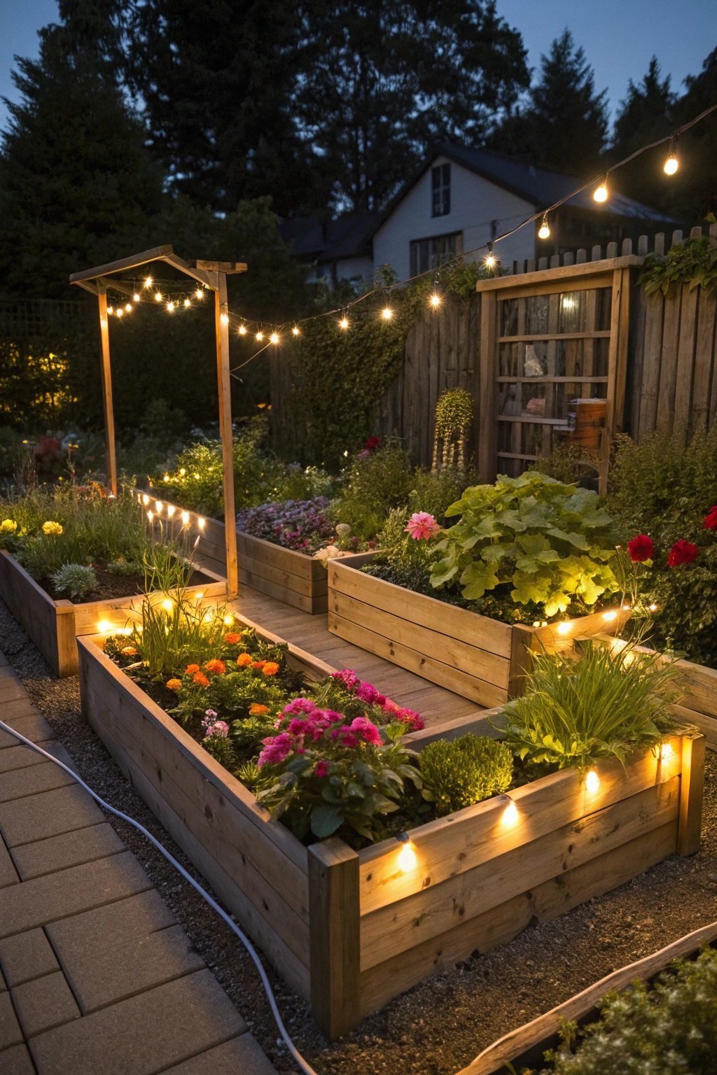 Raised Beds with String Lights for Evening Ambience