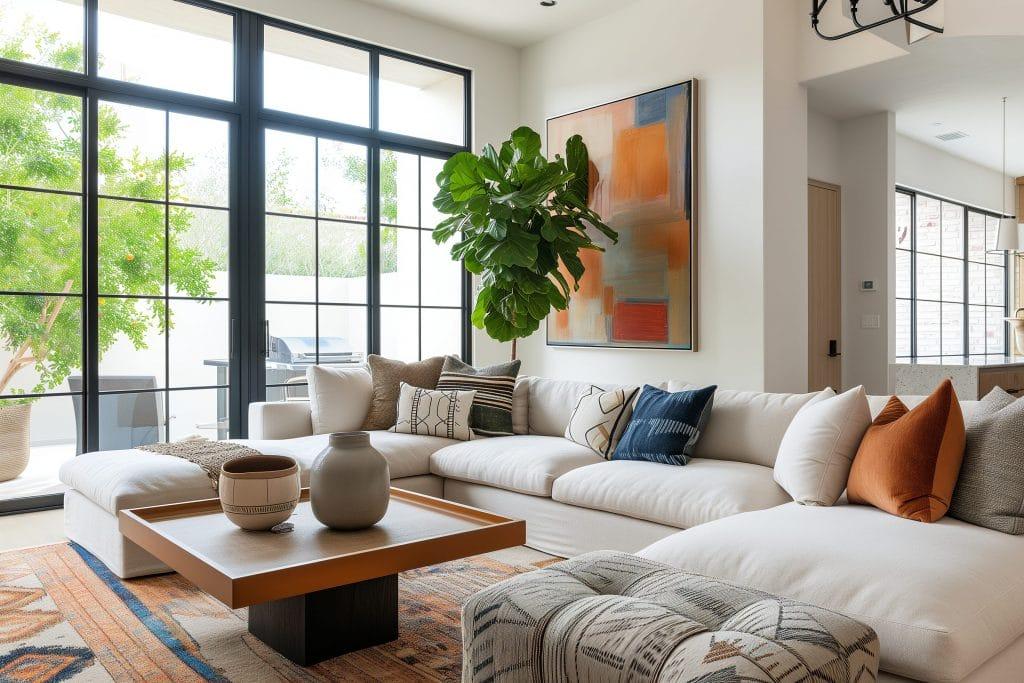 Sleek Elegance: White Sectional Meets Dramatic Black-Framed Windows