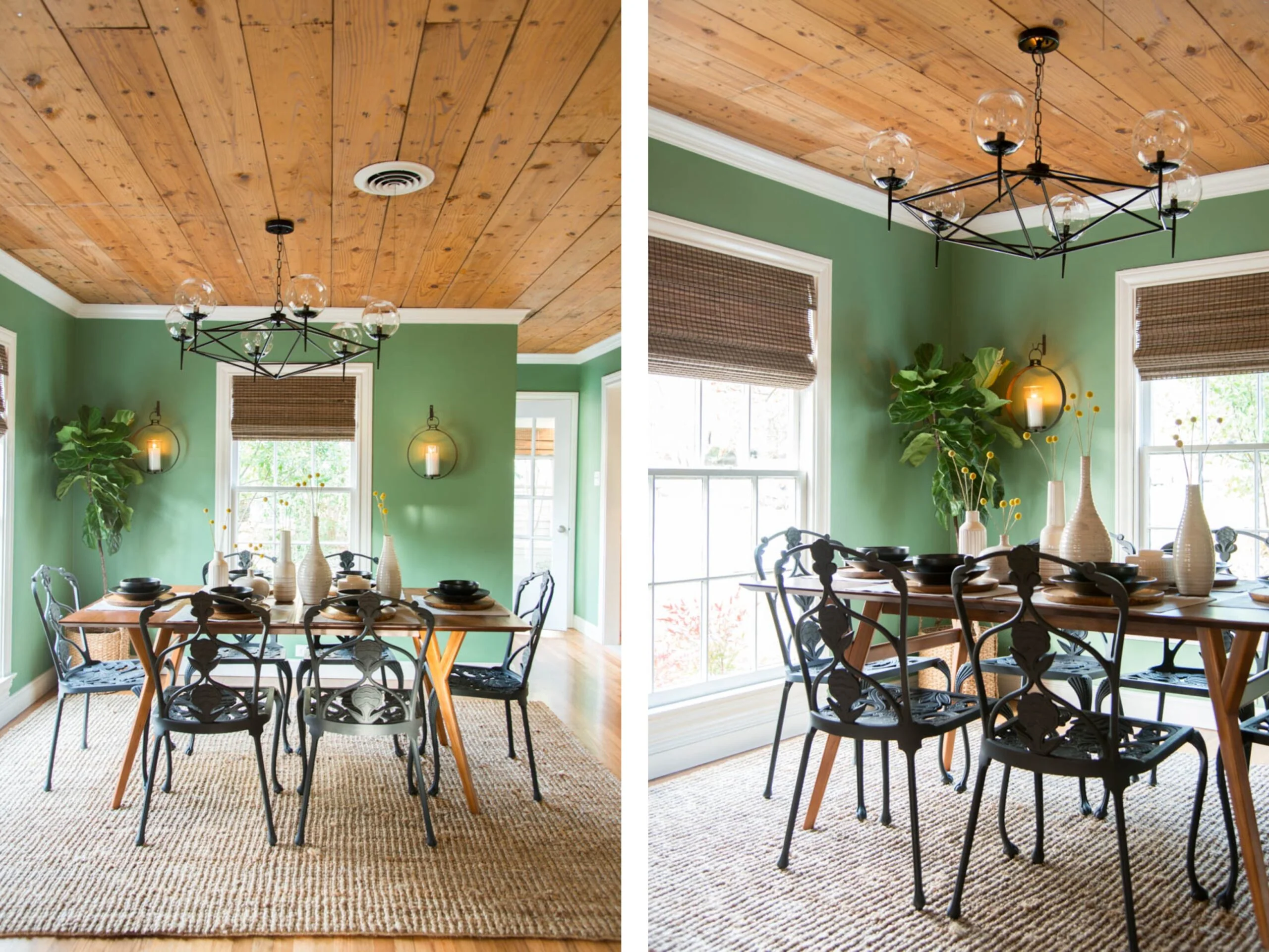 Cozy Dining Space with Emerald Walls and Warm Wood Accents
