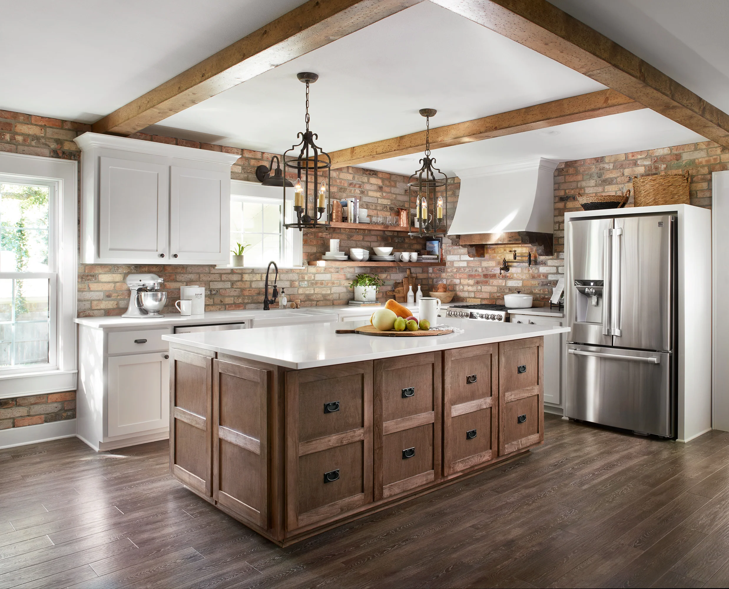 Charming Country Kitchen Featuring a Wooden Center Island