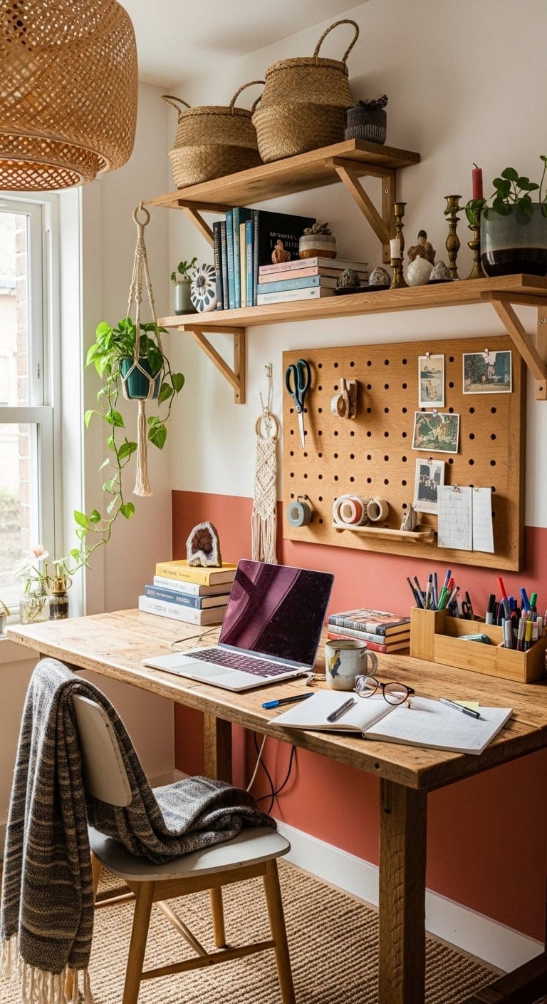 Eclectic Flair: Elevate Your Workspace with Shelves and Pegboards
