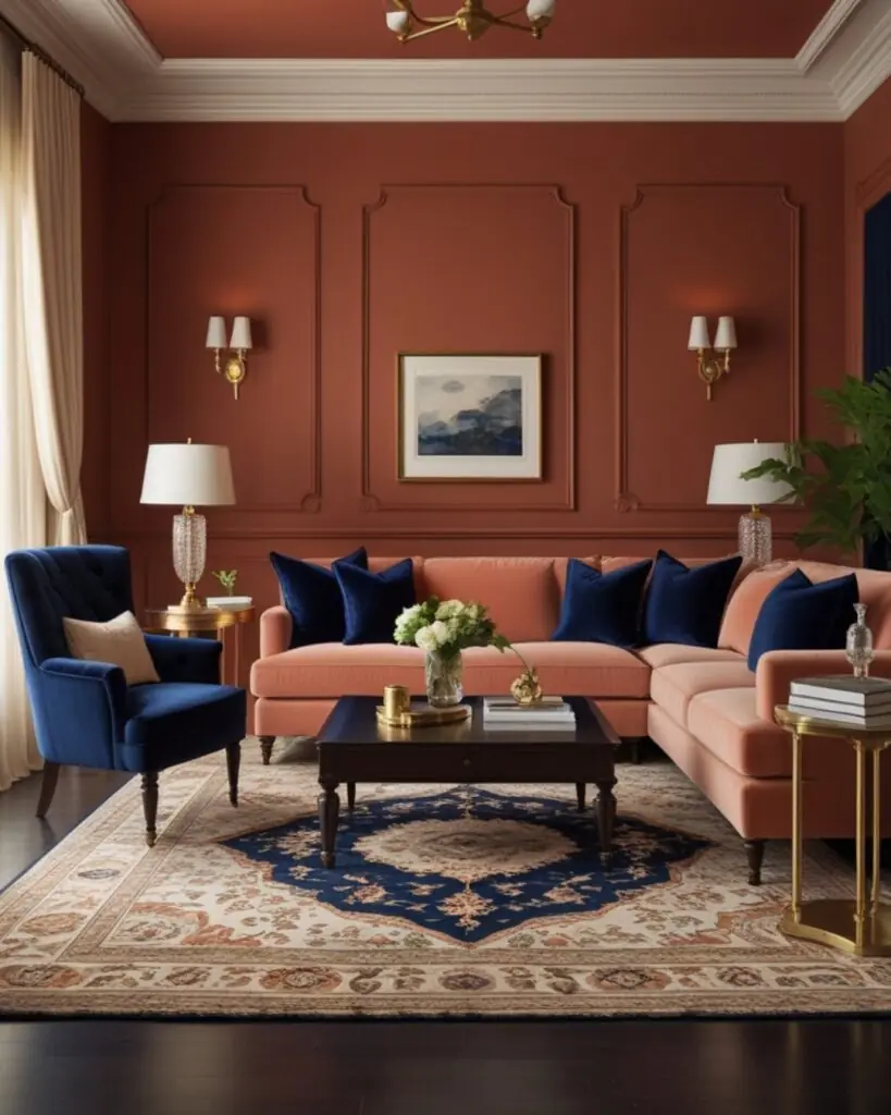 Elegant Terracotta Living Room With Navy Blue Accents