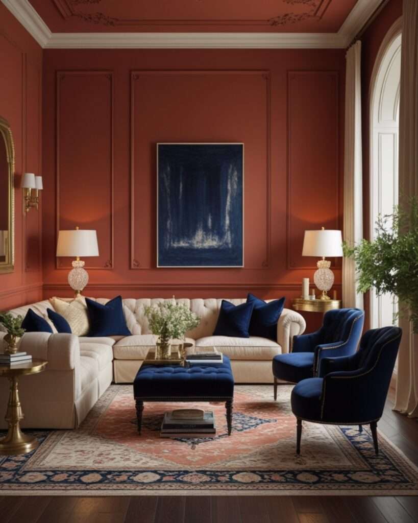 Elegant Terracotta Living Room With Navy Blue Accents