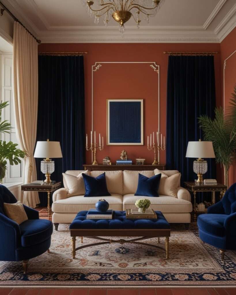 Elegant Terracotta Living Room With Navy Blue Accents