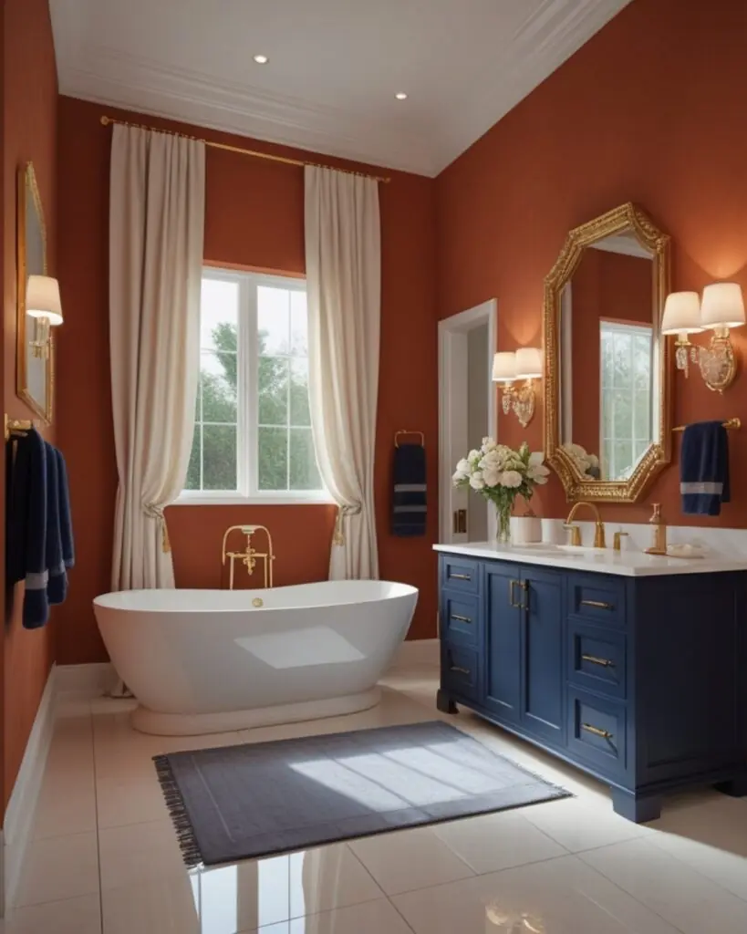 Chic Terracotta Bathroom Enhanced with Navy and Gold Details
