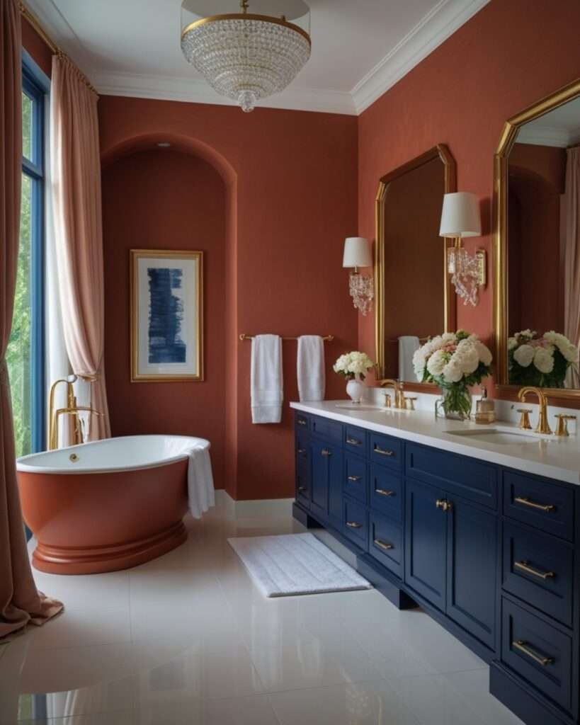 Chic Terracotta Bathroom Enhanced with Navy and Gold Details