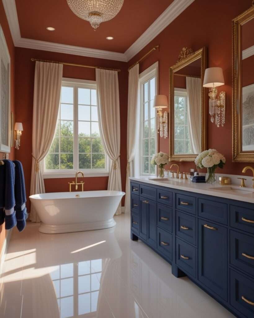 Chic Terracotta Bathroom Enhanced with Navy and Gold Details