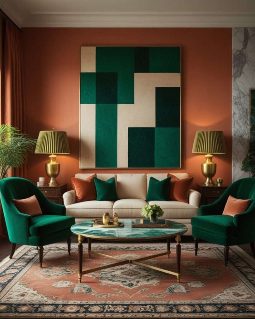 Terracotta and Emerald Green Living Room