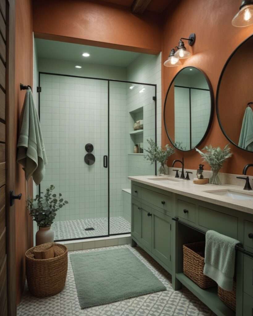 Warm Earth Tones Meet Soothing Sage: A Modern Rustic Bathroom Retreat