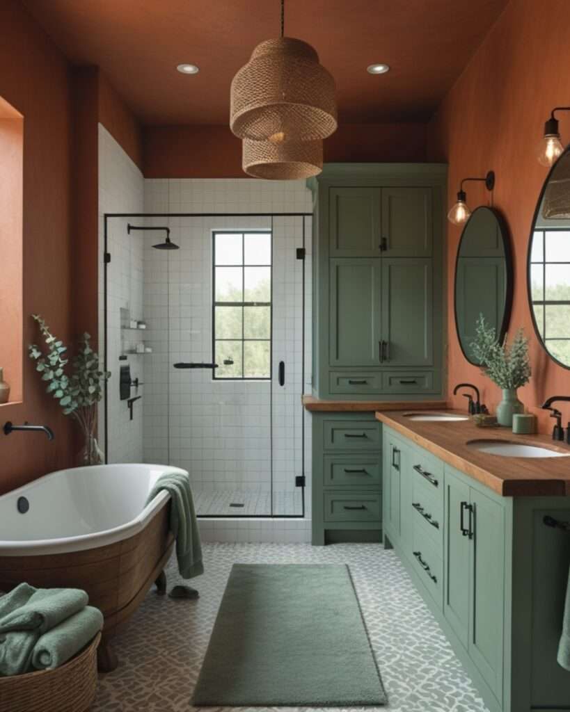 Warm Earth Tones Meet Soothing Sage: A Modern Rustic Bathroom Retreat