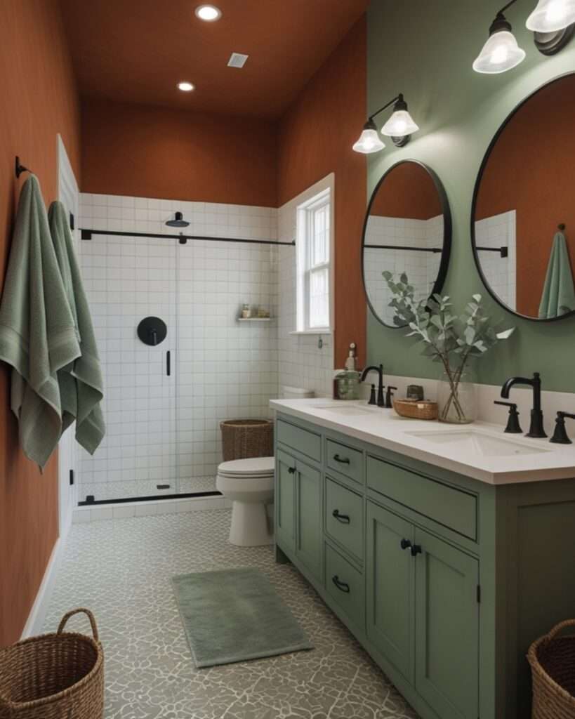 Warm Earth Tones Meet Soothing Sage: A Modern Rustic Bathroom Retreat