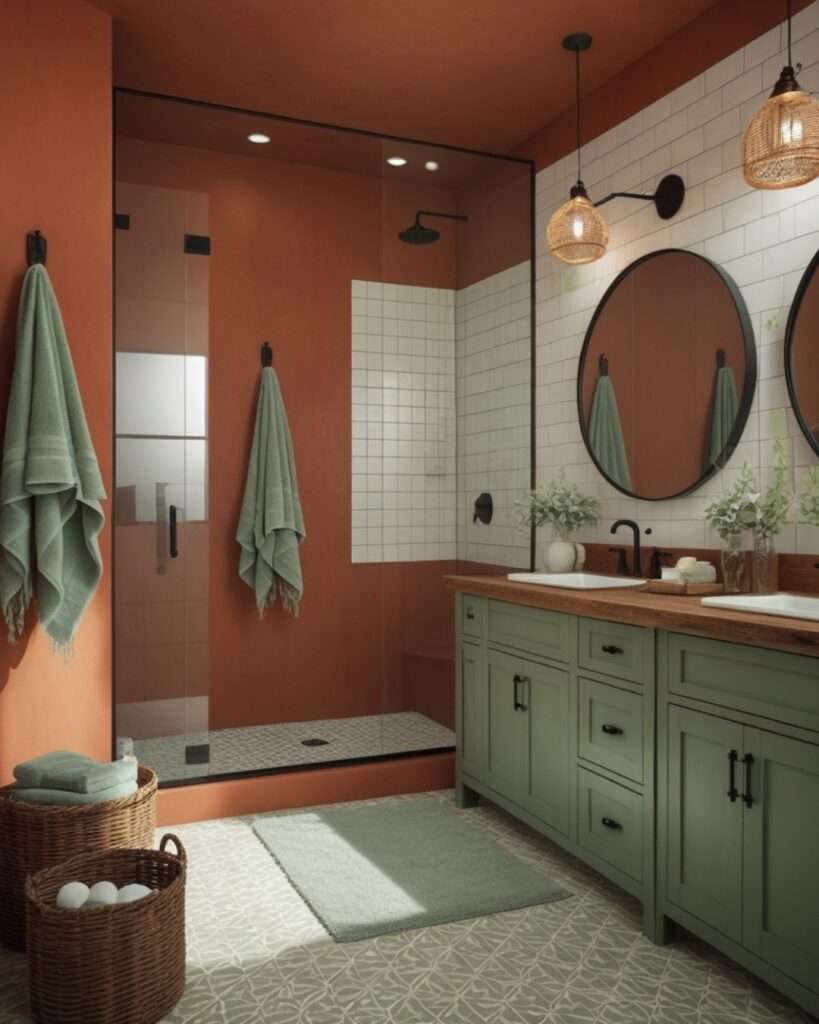 Warm Earth Tones Meet Soothing Sage: A Modern Rustic Bathroom Retreat
