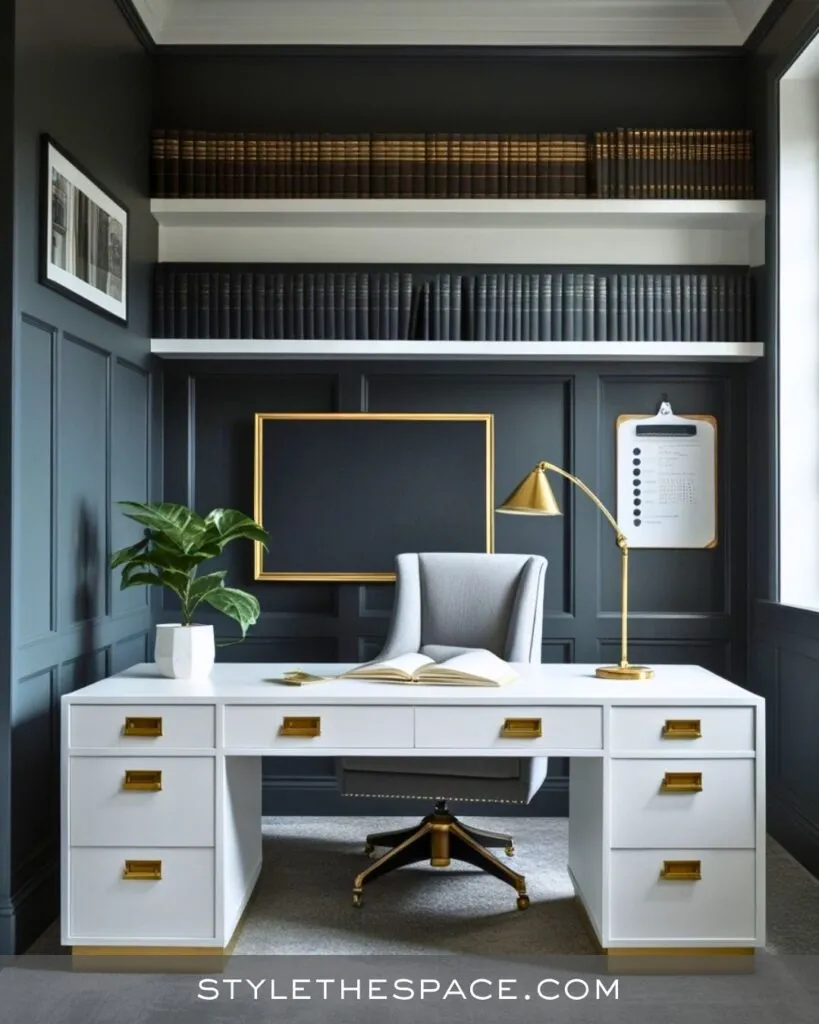 Chic Monochrome Workspace Enhanced with Gleaming Gold Details