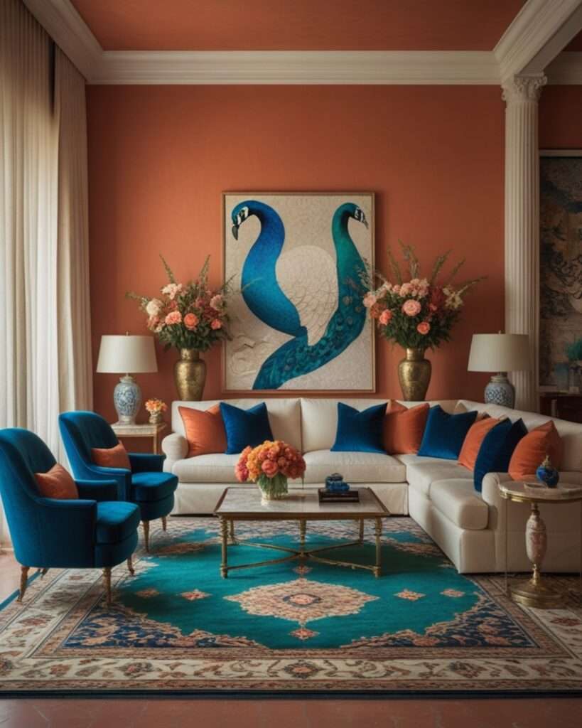 Terracotta Living Room With Teal and Ivory Elegance
