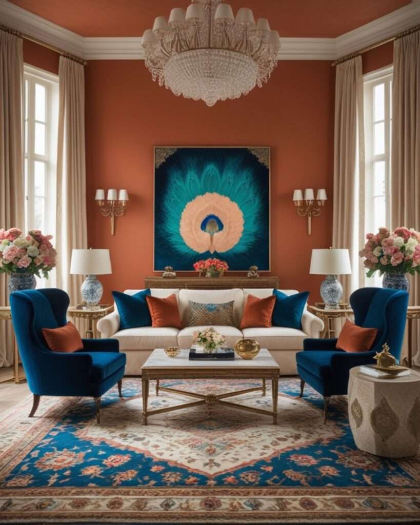 Terracotta Living Room With Teal and Ivory Elegance