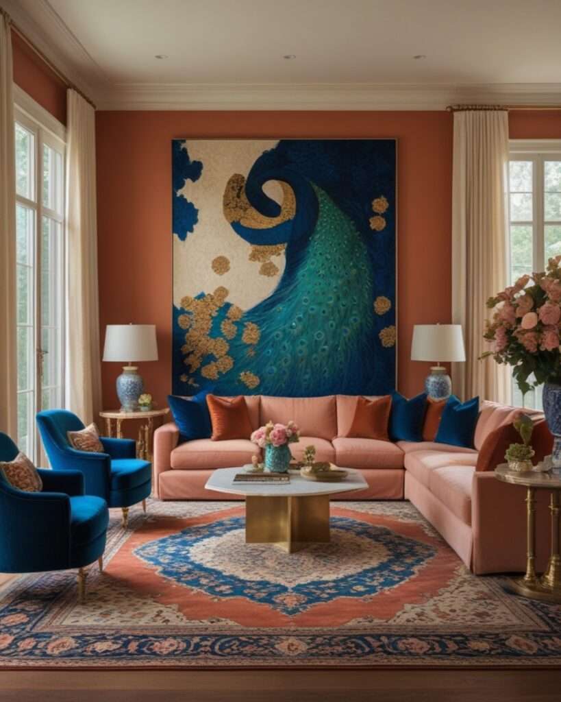 Terracotta Living Room With Teal and Ivory Elegance