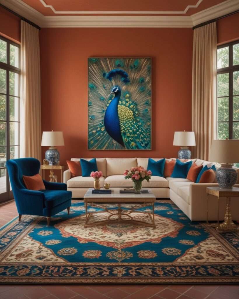 Terracotta Living Room With Teal and Ivory Elegance