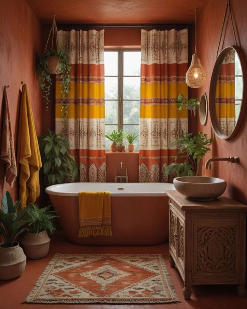 Earthy Boho Vibes: Mustard & Terracotta Bathroom Inspiration