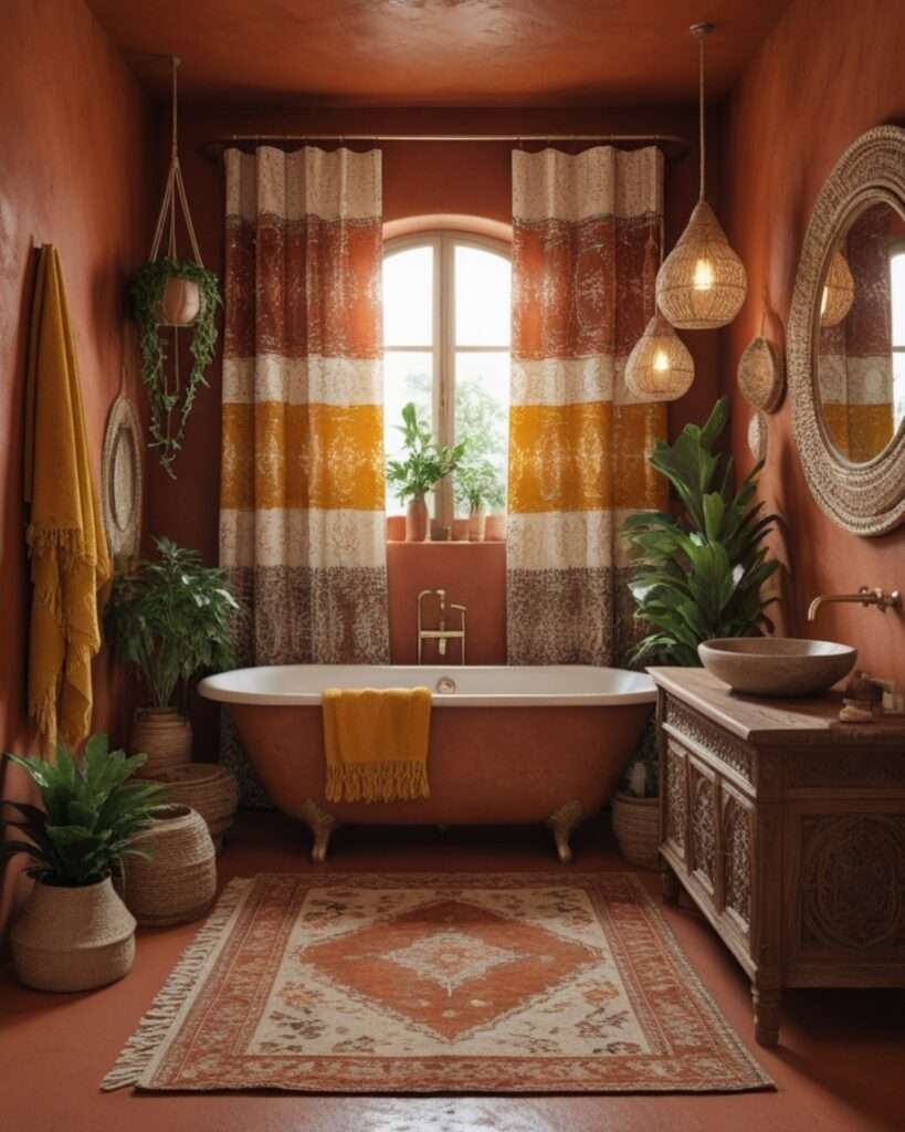 Earthy Boho Vibes: Mustard & Terracotta Bathroom Inspiration