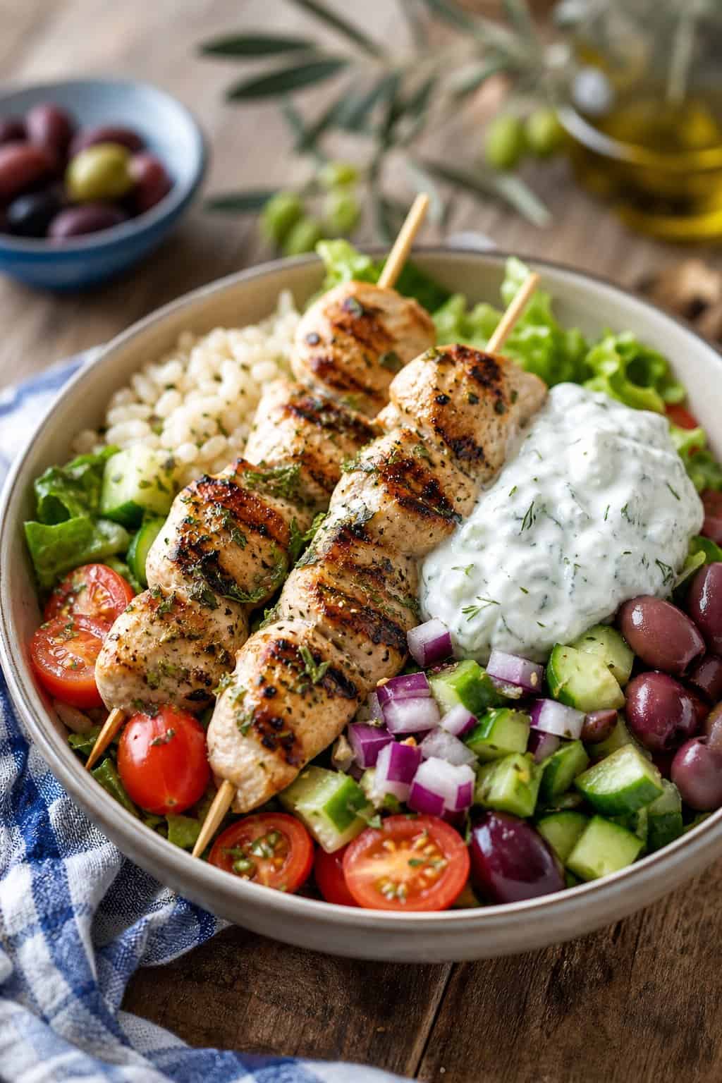 Mediterranean Chicken Souvlaki Bowls with Creamy Tzatziki and Fresh Veggies