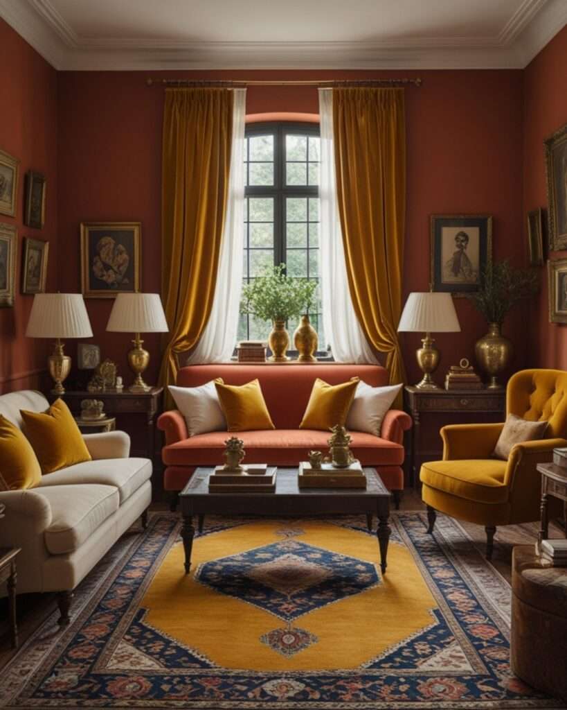 Traditional Terracotta Living Room With Mustard Gold Accents