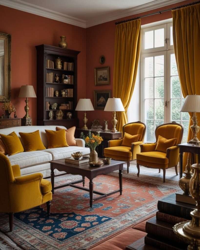 Traditional Terracotta Living Room With Mustard Gold Accents