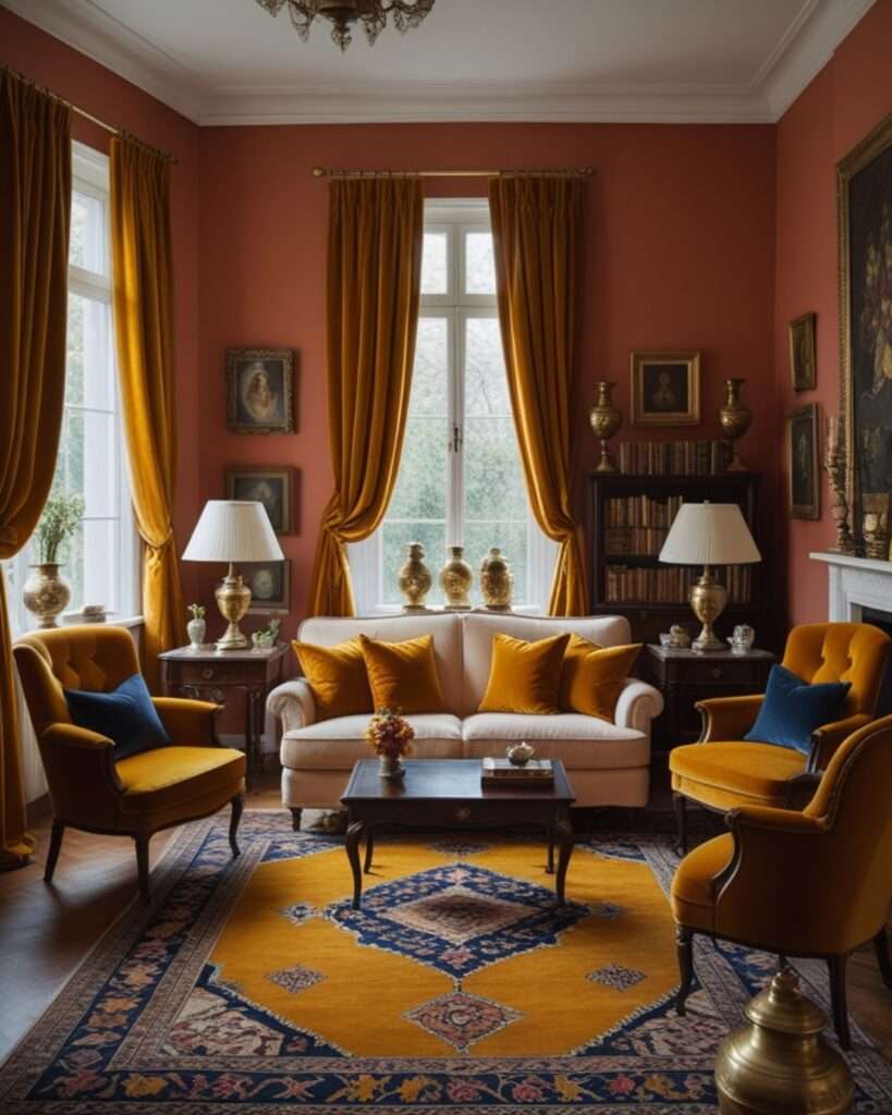 Traditional Terracotta Living Room With Mustard Gold Accents