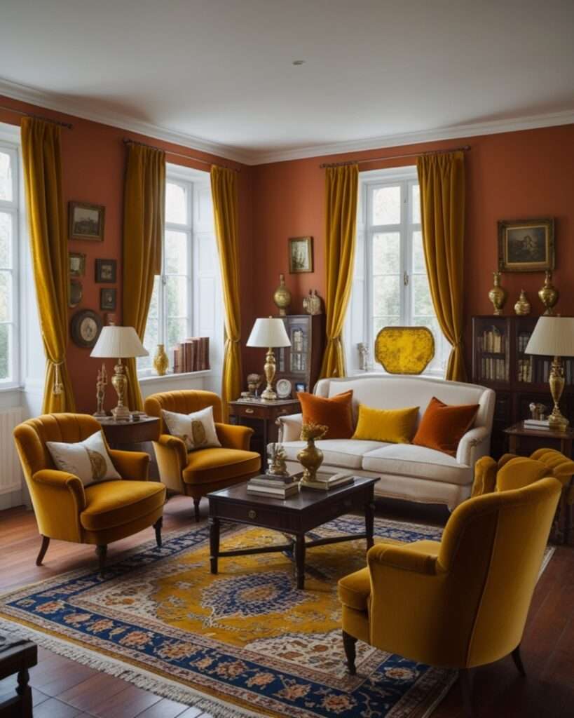 Traditional Terracotta Living Room With Mustard Gold Accents
